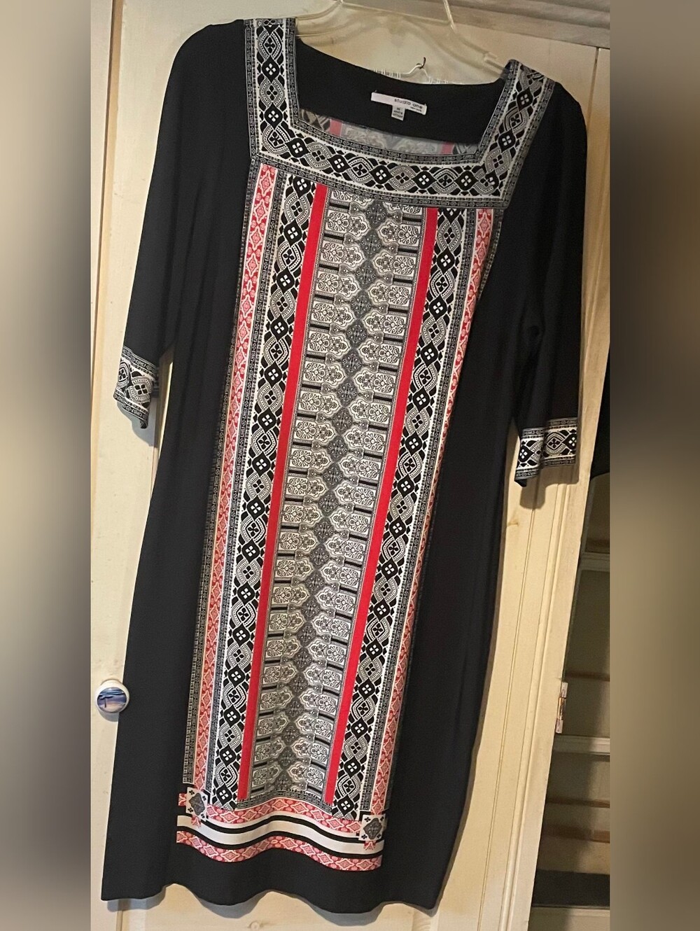 Studio One New York Black Tunic with Red and White Geometric Center Panel